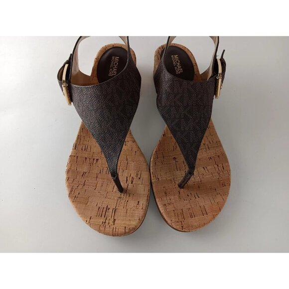 Michael Kors London Brown Logo Print  Thong Block Heel Slingback Sandals Sz 9M - Picture 2 of 8